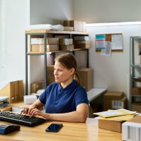 Caucasian young adult woman working at computer in warehouse office, typing on keyboard while surrounded by packages, Black man in background sorting parcels on shelves, modern workspace