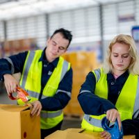 Warehouse workers with uniform working in distribution warehouse.